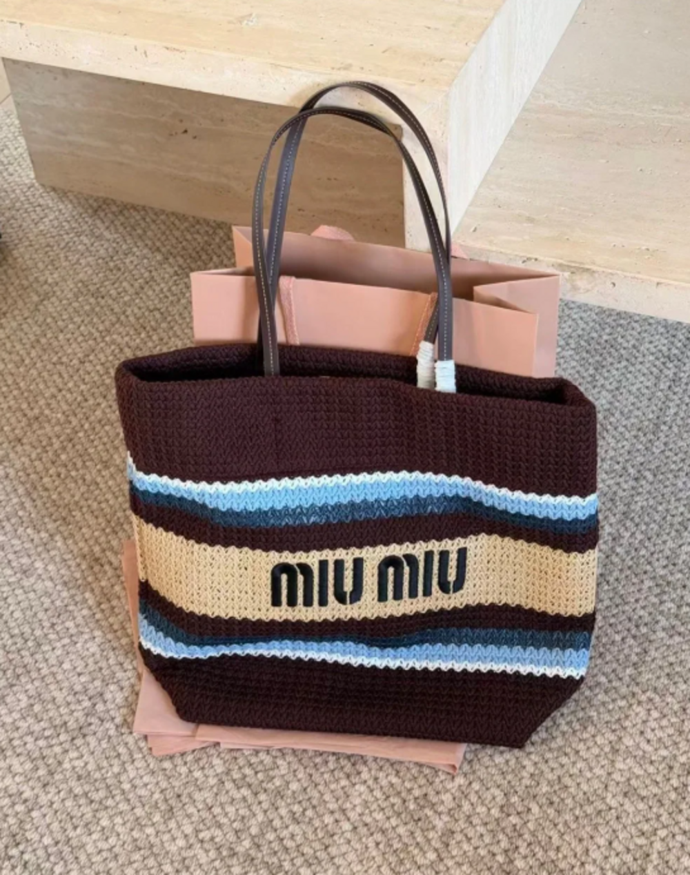 Miu Miu Brown Crochet Stripe Tote Bag